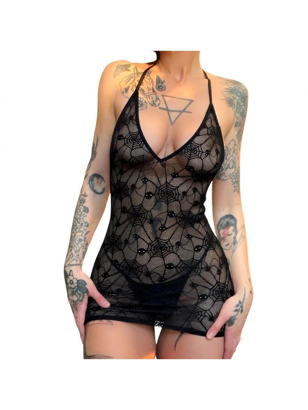 Black Sheer Spiderweb Halter Mini Dress